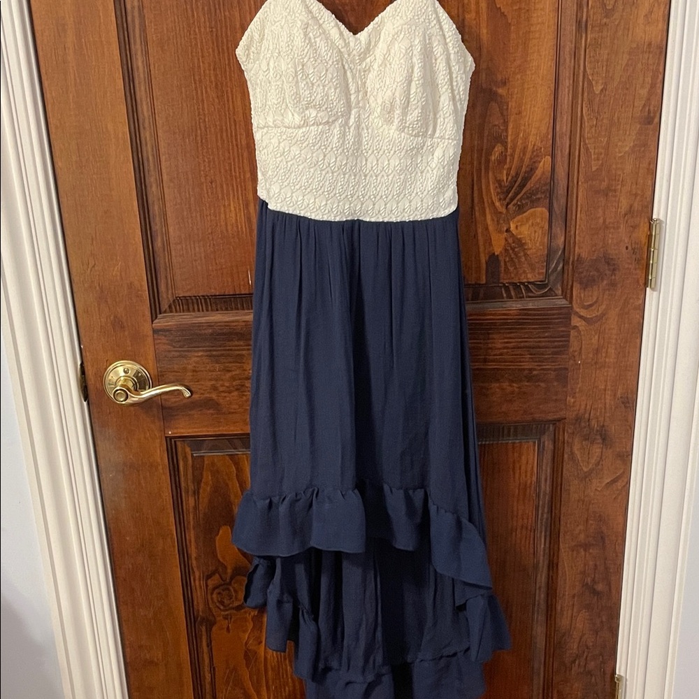Juniors White and Navy Strapless Dress